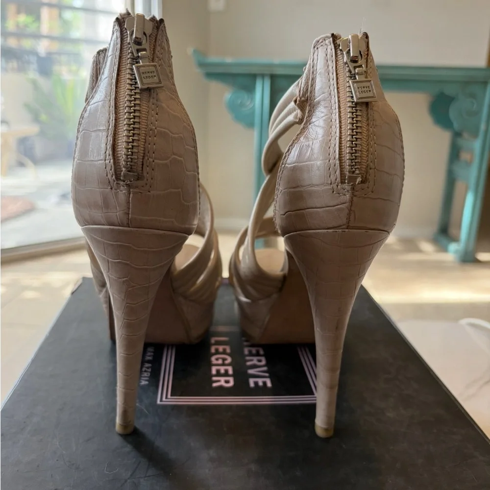 Elegant Taupe Herve Leger Strappy Lamb Heels - Picture 5 of 8